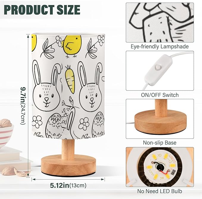 White Bunny LED Table Lamp, Bedside Lamp with Linen Lampshade, Flicker-Free Eye Care USB Plug in Nightstand Lamp, for Bedroom and Office