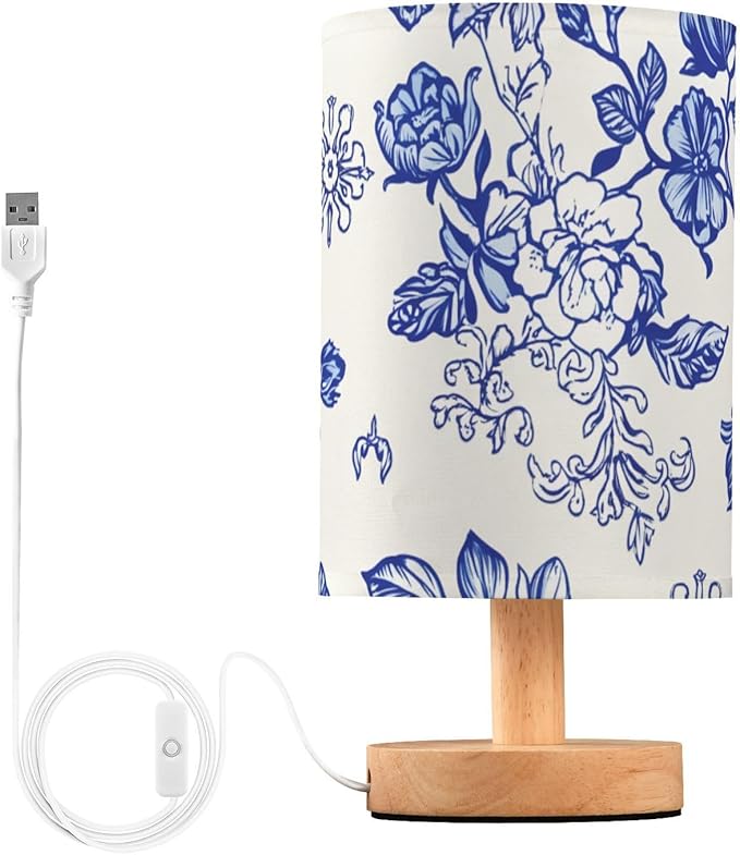 Flower LED Table Lamp, Bedside Lamp with Linen Lampshade, Flicker-Free Eye Care USB Plug in Nightstand Lamp, for Bedroom and Office