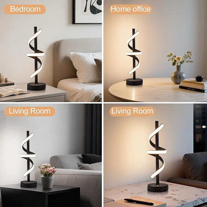 LED Modern Table Lamp, Dimmable Spiral LED Table Lamp, 3 Colors Touch Control, Modern Nightstand Lamp with USB/Type C for Bedroom Living Room