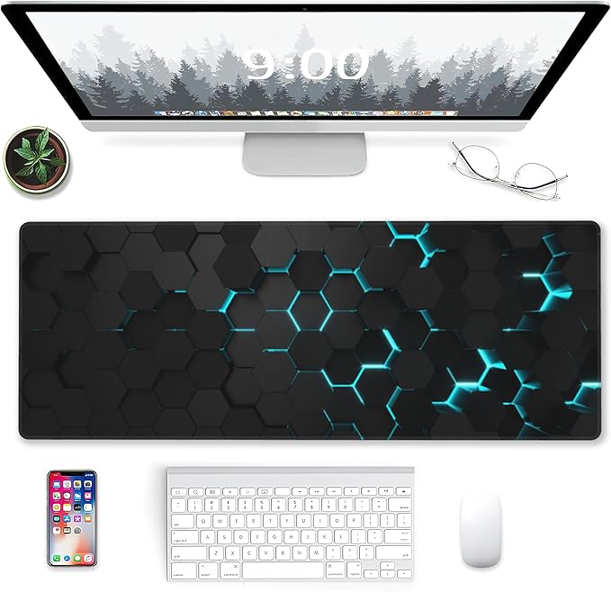 Gaming Mouse Pad, Blue Honeycomb Science Technology Extended Mouse Pad Gaming Large,Big Desk Mat with Non-Slip Base and Stitched Edge,Long Computer Keyboard Mouse Mat for Home Office Work 31.5"x11.8"