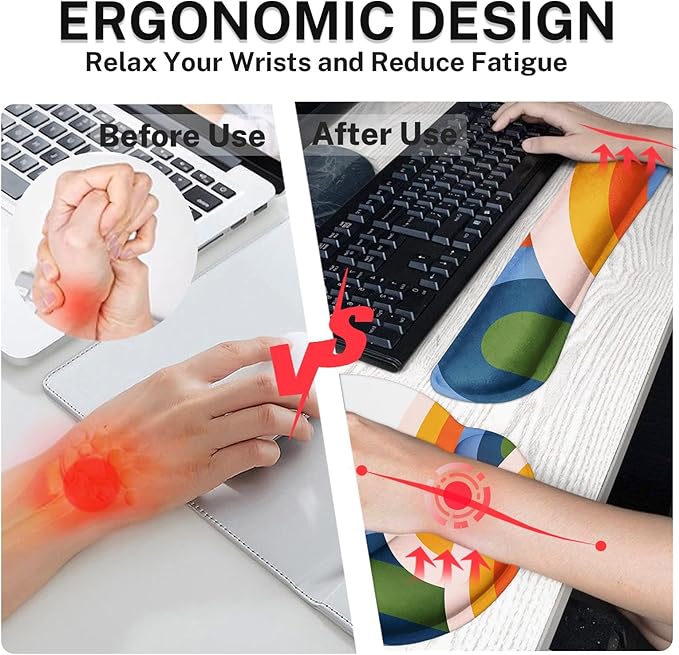 Britimes Ergonomic Mouse Pad Set with Wrist Rest Abstract Rainbow Non-Slip Rubber Base Wrist Cushion Support and Coasters Mousepad with Wrist Support for Computer Keyboard and Desk