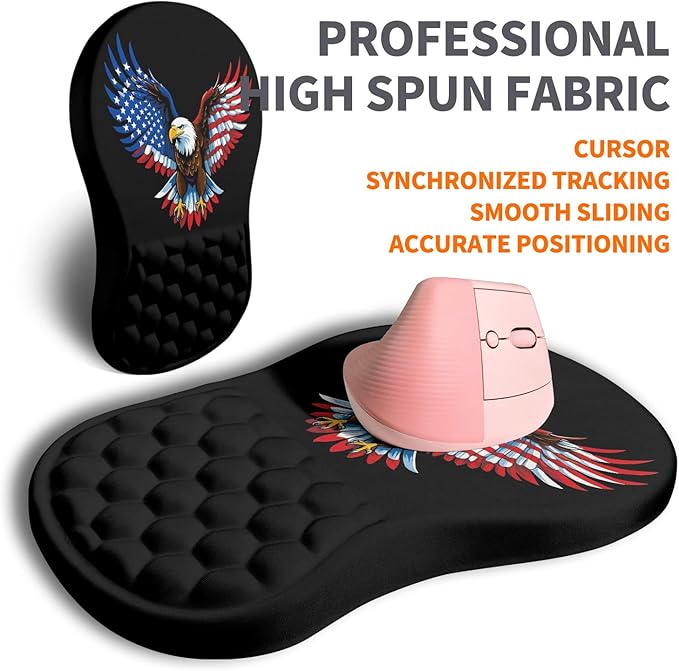 Ergonomic Joint Wrist Support Mouse Pad with Memory Foam Cushion Massage Bump, Carpal Tunnel Mousepad Slope Design for Wrist Rest, 11.8x7.9 in, Eagle Flag