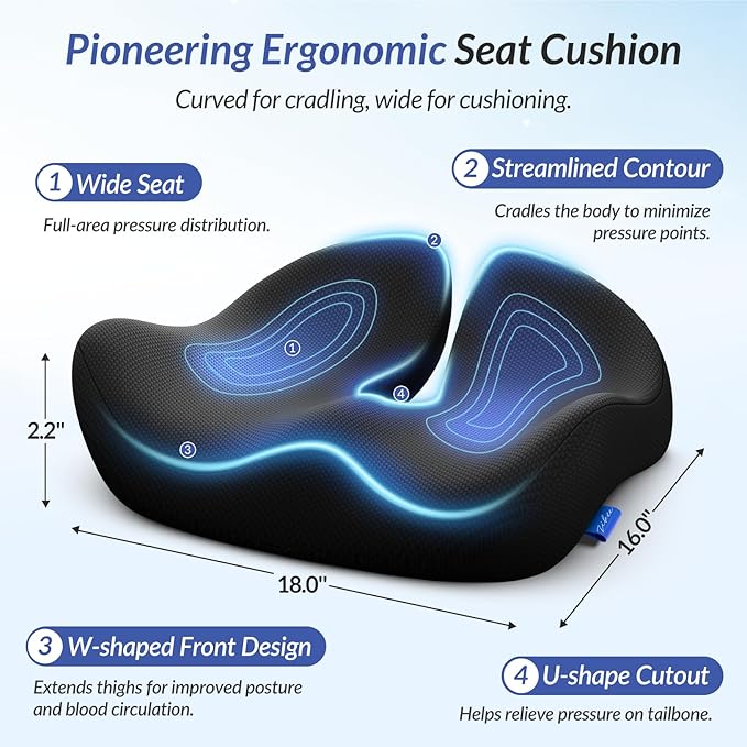ZIKEE Pioneering Seat Cushion for Pressure Relief, Ergonomic Office Chair Cushion for Coccyx, Back & Lumbar Support, High-Density Memory Foam Car Seat Cushion with Anti-Slip Base