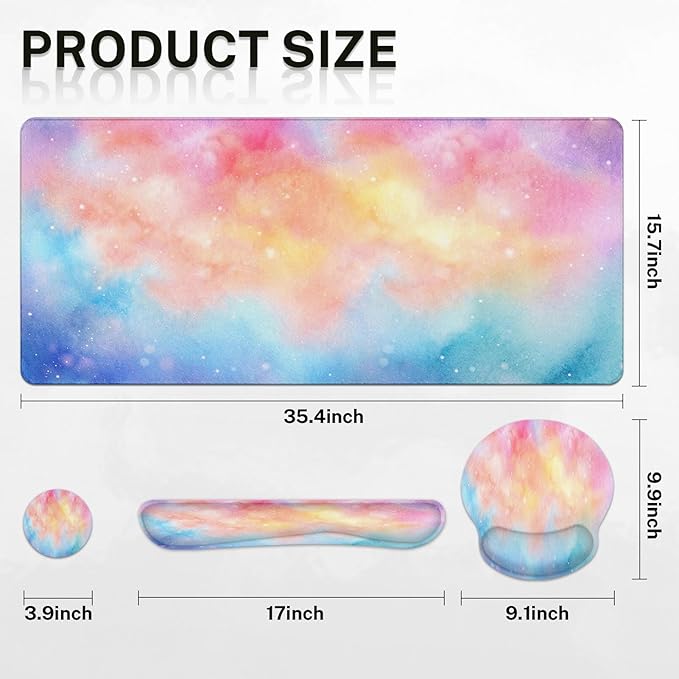 Arttown Iridescent Cloud Desk Mat Cute Mouse Pad Set 4 in 1 Colorful Starry Sky Ergonomic Design Large Desk Pad + Keyboard Wrist Rest + Mouse Wrist Rest + Coaster Suitable for Home Office Study Game