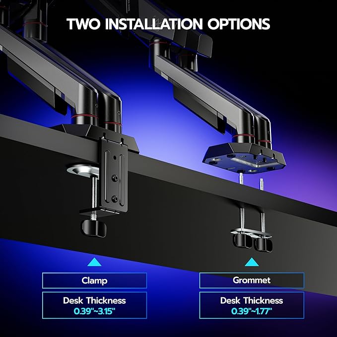 ARES WING Dual Monitor Arm for 17-35 Inch Flat Curved Ultrawide Screens Up to 26.5lbs, Fully Adjustable Dual Monitor Mount, C-Clamp & Grommet Base, 75/100 Vesa Mount, Black