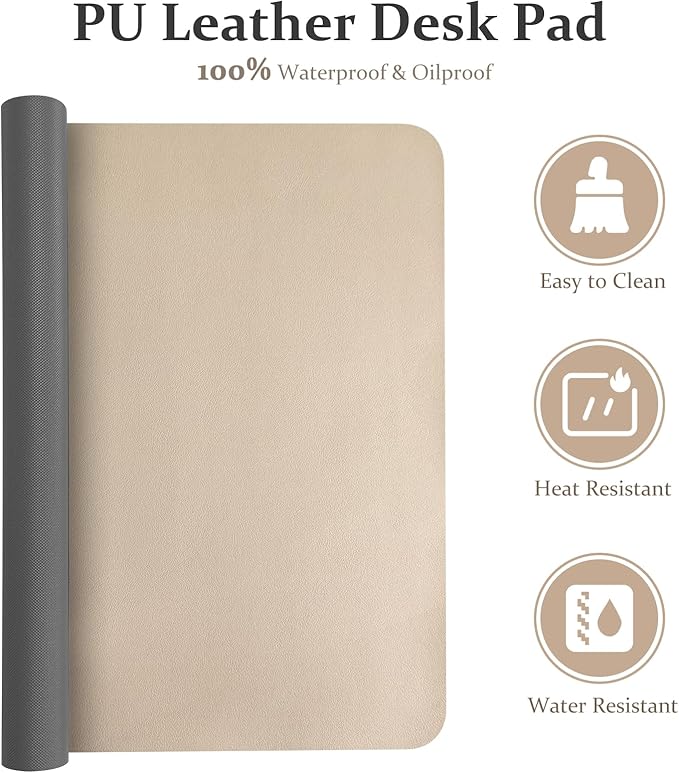 Non-Slip Desk Pad Mat, Leather Beige Desk Mat for Desktop, Large Mouse Pad, Waterproof Computer Mouse Mat Desktop Protector for Office/Home, 23.6" x 13.7"