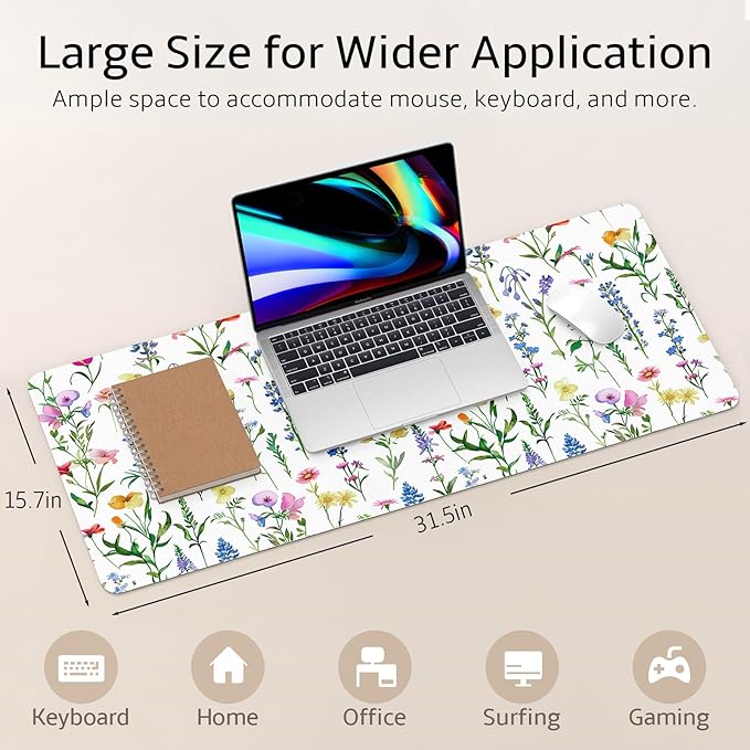 Mouse Pad Leather Desk Mat Large Keyboard Cute Office Desktop Computer Laptop XXL Long Big Aesthetic Modern Design Women Girls Gaming Gamer Oversized Wide Mousepad 31.5"x15.7", White Floral