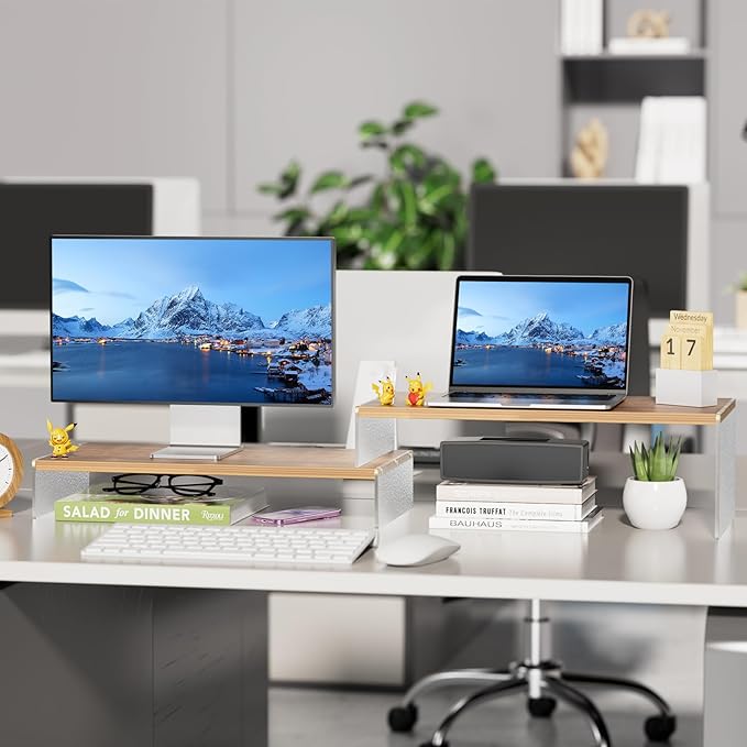 Adjustable Monitor Stand Riser with Acrylic Legs丨9.4" Wide Dual Monitor Stand for Desk丨2-Tier Wood Desktop Organizer for Computer, Laptop, Printer & PC丨Modern Aesthetic Desk Shelf(wood-glacial striae)