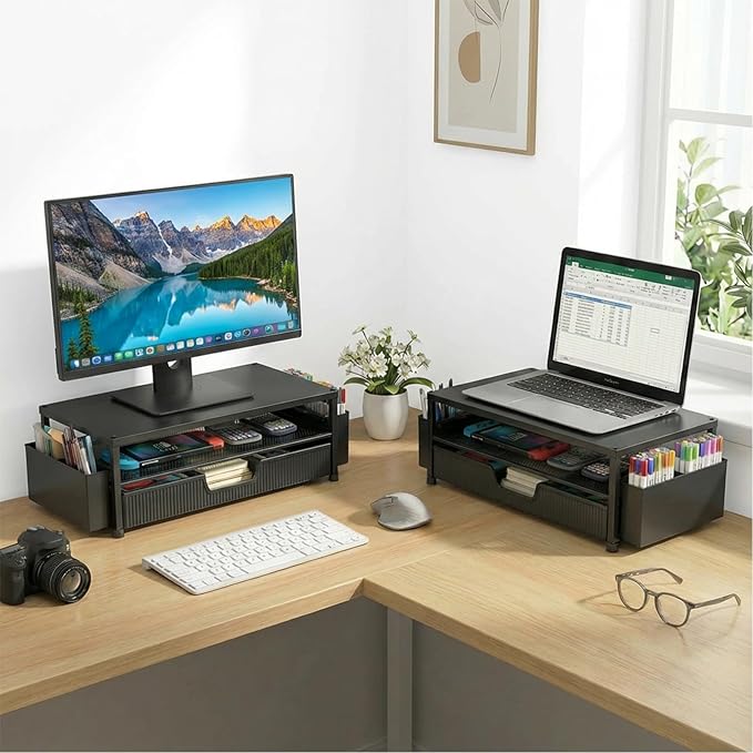 Desk Organizer and Accessories, 2-Tier Computer Monitor Stand Rise with Storage Drawer & 2 Pen Holders, Laptop & Printer Stand for Desktop, Workspace Organizers for Office Supplies (Black 2-Pack))