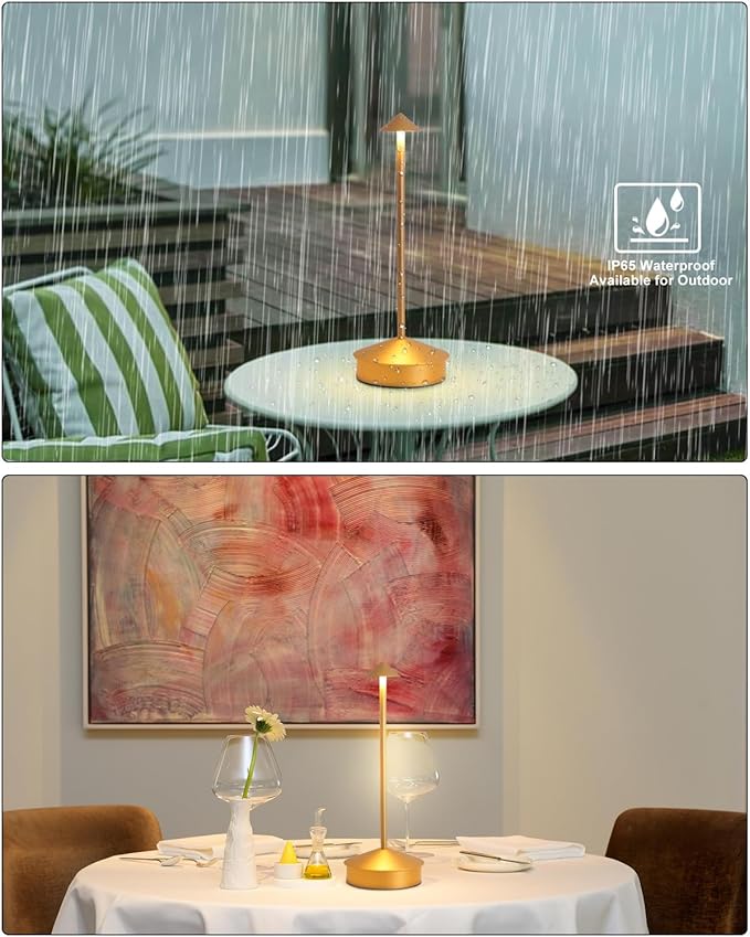 2 Pack Aluminum Cordless Table Lamp, 6000mAh Rechargeable Table Lamps, Portable Touch LED Lamp, Outdoor Waterproof Dimmable Cordless Rechargeable Table Lamps for Restaurant/Patio- Black (1 Pcs Gold)