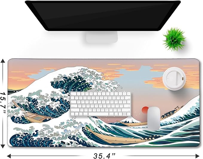 Japanese Large Mouse Pad,Desk Mat Office Desk Pad, Extended Large Mouse Mat for PC, Stitched Edges Gamer Mousepad 35.4 X 15.7 Inch Long Mice Pad, Sunset Sea