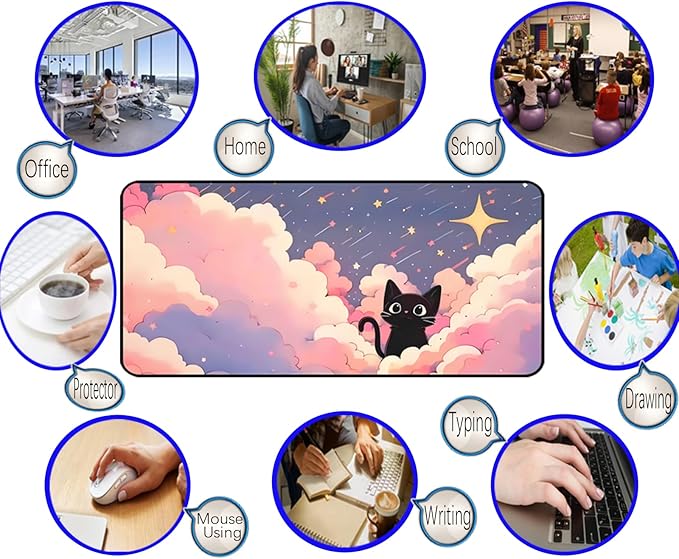 Anime Desk Mat,Pink Purple Clouds Mouse Mat Desk Pad, Cute Black Cat Game Mousepad, Full Deskmat, Extended Computer Desk Keyboard Mat, for Women Office Desktop Decor Aesthetics 31.5"X15.7"