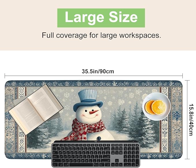 Desk Mat, XXL Extended Gaming Pad for Desktop, 31x12 Inches Winter Snowman in Snowy Forest, Large Non-Slip Vegan Leather Surface with Stitched Edges, Keyboard Mouse Mat for Home Office