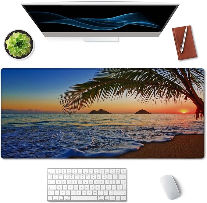 SSOIU Extended Gaming Mouse Pad - Non-Slip Water-Resistant Rubber Base Computer Keyboard Mouse Mat, 35.5 x 15.7-inch XX-Large Desk Mat, Ideal Partner for Work & Game, Pacific Sunrise at Lanikai Beach