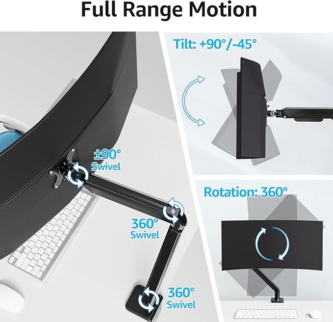 MOUNTUP Ultrawide Monitor Arm for Max 42 Inch Screen, Heavy Duty Monitor Desk Mount Support 4.4-33lbs, Computer Monitors Stand for Desk, VESA Mount with Clamp & Grommet Base