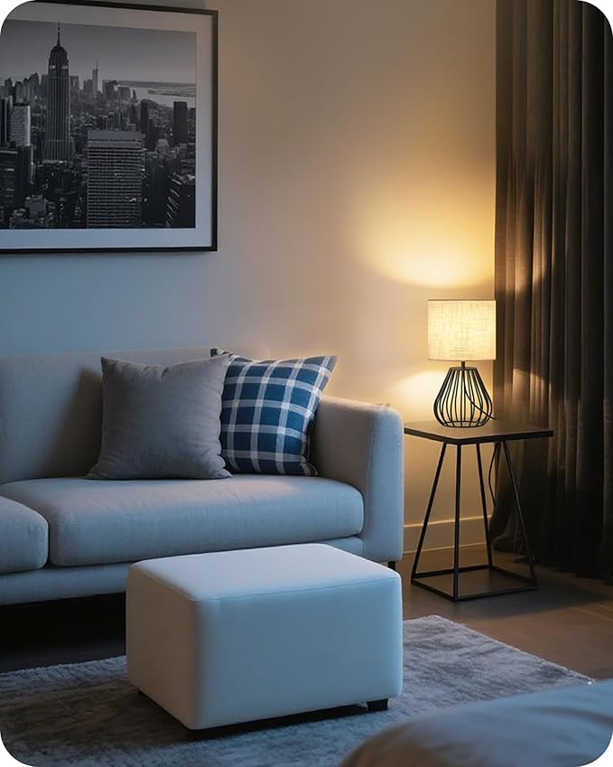 Small Bedside Table Lamp, Black Table Lamp with Metal Cage & Linen Lampshade, Modern Cute Desk Lamp, Cozy Nightstand Lamp for Bedroom, Living Room, Office, 2700K LED Bulb Included, E06TL05