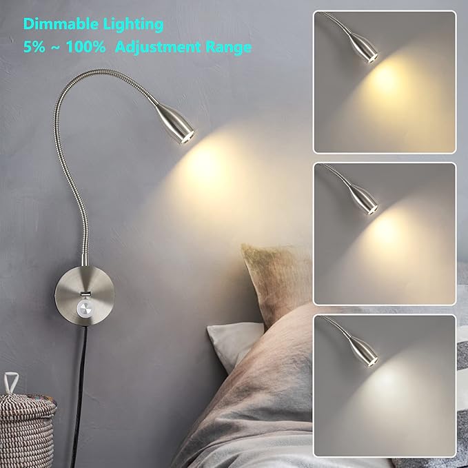 LED Wall Reading Light with USB Charging Port, Dimmable Gooseneck Bedside Lamp, Flexible Arm, 3W, (Nickel, 120V Plug in, Warm White)