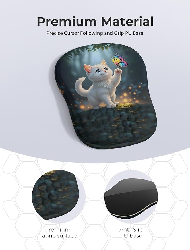 Adorable Kitty Cat Ergonomic Mouse Pad for Carpal Tunnel Pain Relief, 65% Usable Mouse Area, Memory Foam Concave Wrist Rest for Office, PC, Gaming