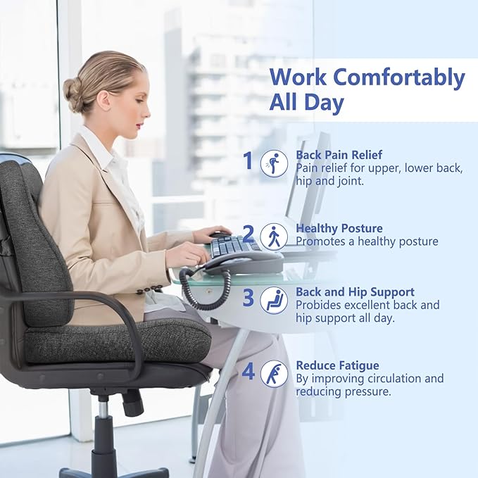 Seat Cushion & Lumbar Support Pillow Set for Office Chair, Ergonomic Pillow for Coccyx Support, Memory Foam Back Support Pillow & Chair Cushion for Car Seat, Desk Chair (Grey)