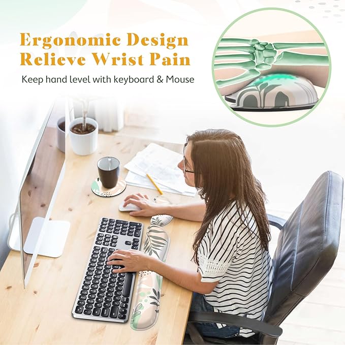 Gimars Enlarge Silky and Superfine Fabric Gel Memory Foam Keyboard Wrist Rest Set, Ergonomic Keyboard Mouse Wrist Support for Typing, Comfort for Office, Gaming, Computer-Morandi Beige