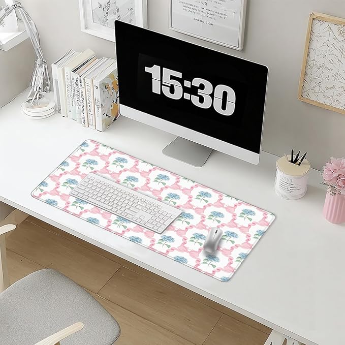 Blue Hydrangea Large Mouse Pad 31.5x15.7inch, Trendy Coquette Pink Bow Flower Aesthetic Large Extended Computer Desk Mat Mousepad for Keyboard and Mouse, Preppy Desk Accessories
