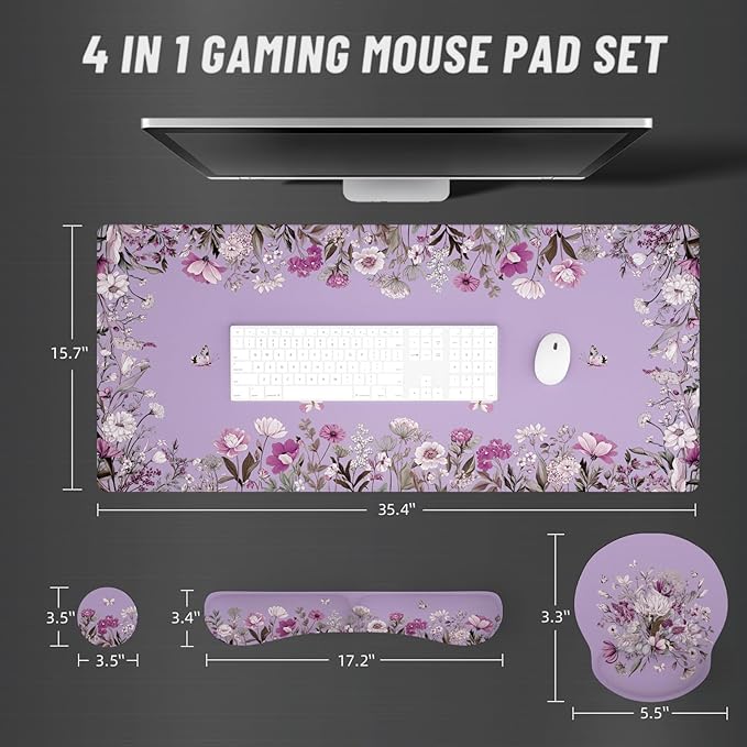 Ovenbird Mouse Pad Set 4-in-1 | Large Gaming Mousepad, Keyboard Wrist Rest, Mouse Wrist Support, Coaster | Ergonomic Office Desk Mat Accessories for Women Men | 4PCS, 35.4 x 15.7in, Purple Floral