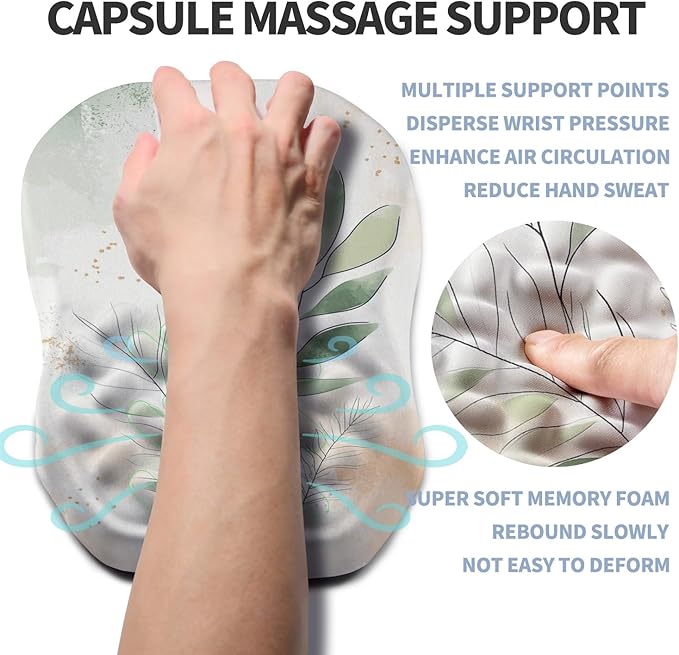 Ergonomic Raised Mouse Pad Wrist Support with Bilateral Slope Memory Foam Mousepad for Wrist Rest and Carpal Tunnel 11.8x7.9〃 Green Leaf