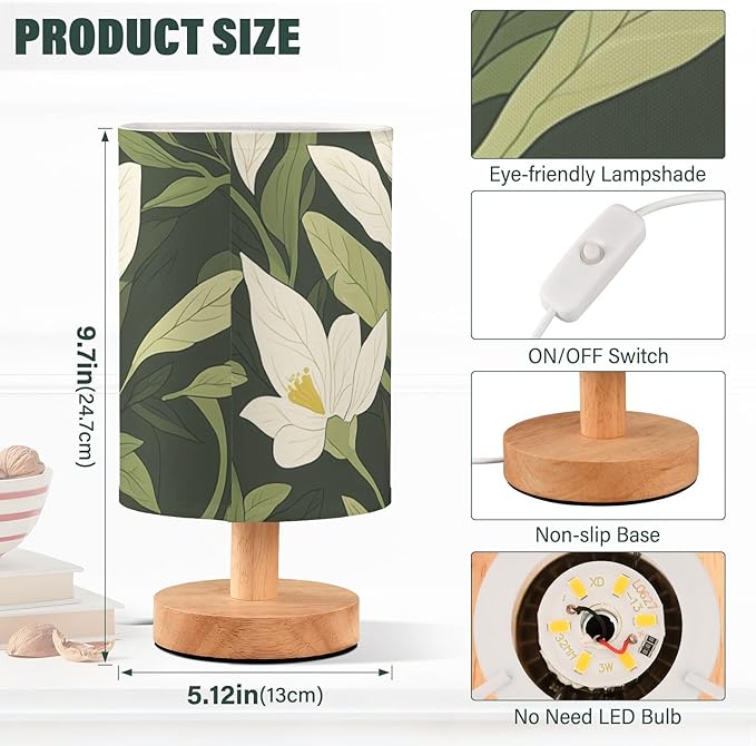 Green Leaf LED Table Lamp, Bedside Lamp with Linen Lampshade, Flicker-Free Eye Care USB Plug in Nightstand Lamp, for Bedroom and Office
