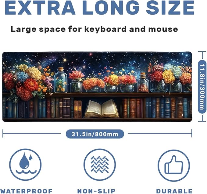 Starry Bookshelf Desk Mat Gaming Large Mouse Pad Blooming Book Flowers Night Mousepad Computer Keyboard Pad Mouse Mat Laptop Mat 31.5 x 11.8 Mouse Pads for Desk Home Office Gaming
