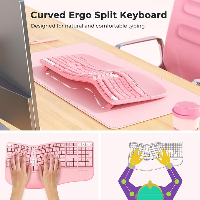 MEETION Ergonomic Keyboard with Cushioned Wrist Rest, Bluetooth Wireless Keyboard Rechargeable, Split Curved Keyboards Natural Typing, Full Size Multi-OS Windows/Mac, Computer/Laptop/Tablet/, Pink