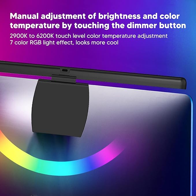 Computer Monitor Lamp, Curved Screen Monitor Light Bar for Eye Caring, Touch Dimming, No Screen Glar e, 7 Color RGB Light Effect, USB C LED Computer Lamp for Desk,Gaming