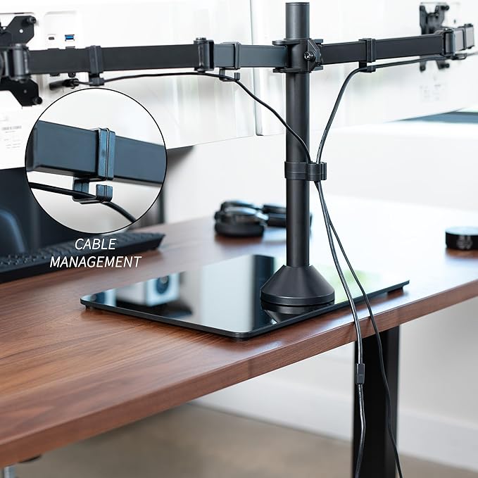 VIVO Freestanding Dual Ultrawide Monitor Stand with Sleek Glass Base and Adjustable Arms, 2 Screens up to 38 inches and 22 lbs Each, Black, STAND-V038FG