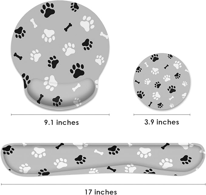 Britimes Ergonomic Mouse Pad Set with Wrist Rest Gray Paw Print Non-Slip Rubber Base Wrist Cushion Support and Coasters Mousepad with Wrist Support for Computer Keyboard and Desk