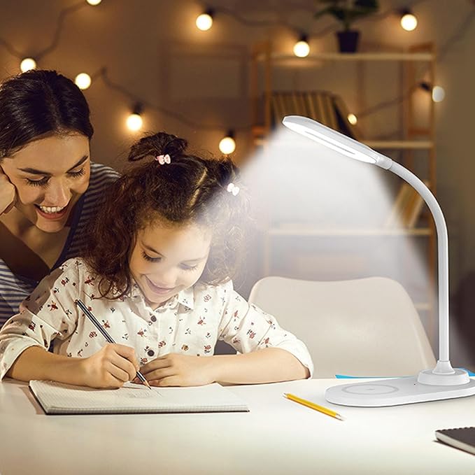 Dpofirs LED Desk Lamp, Wireless Charger 15W for Phone & 5W for Earphone, 360 Adjustable Arm Eye Caring Light for Home Office Study Desk (White)
