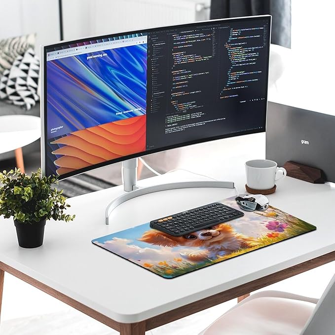 Large Ergonomic Gaming Mouse Pad Charming Fluffy Dog in Bright Meadow - Cute Pet Theme with Non-Slip Base Water-Resistant Surface and Stitched Edges 40X75cm
