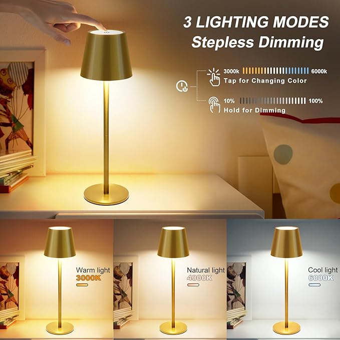 Gold Cordless Table Lamp,8-20 Inches Adjustable Height, 5000mAh Rechargeable LED Desk Lamp, 3 Color Stepless Dimmable, Portable Table Light for Indoor/Outdoor