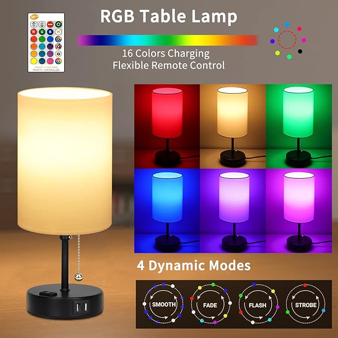 Bedside Table Lamps for Bedrooms Nightstand Lamp RGB Color Changing Bedside Lamp with 2 USB Charging Port and AC Outlet, 3 Way Dimmable Small Modern Lamp for Home Living Room Bedroom Party