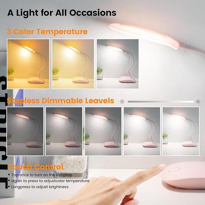 Battery Powered Desk Lamp, Portable Lamps Rechargeable 3 Color Modes Touch Control Stepless Dimming, Wireless Desk Lamp with 2000mAh, Small LED Table Light for Dorm Study Office Bedroom,Pink