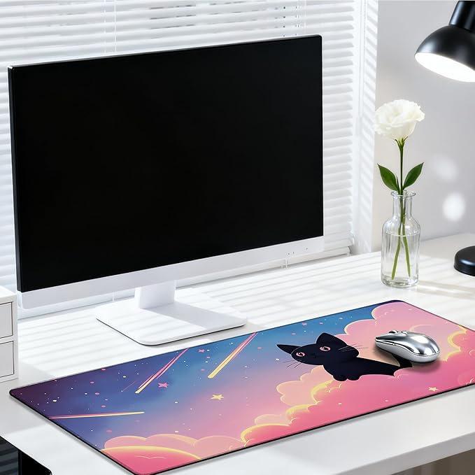 Large Mouse Pad 35.4x15.7 Inch Dreamy Cat Gaming Desk Mat with Non-Slip Rubber Base, Stitched Edges for Gaming,Office