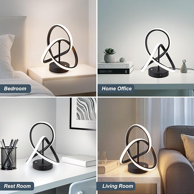 Modern Spiral Table Lamps, LED Modern Table Lamp, Black Decor Bedside Light with Touch Control, 3 Color Dimmable Nightstand Lamp for Bedroom, Side Small Table Lamp for Living Room