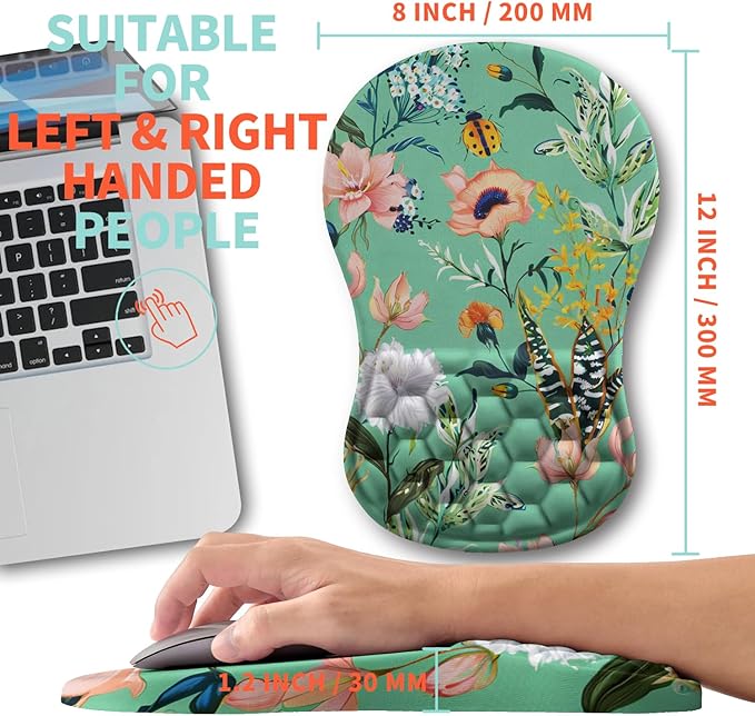 Ergonomic Mouse Pad Wrist Support with Memory Foam Massage Bulge, Carpal Tunnel Mousepad Wrist Rest for Mouse(12x8 inch, Pink Flowers)