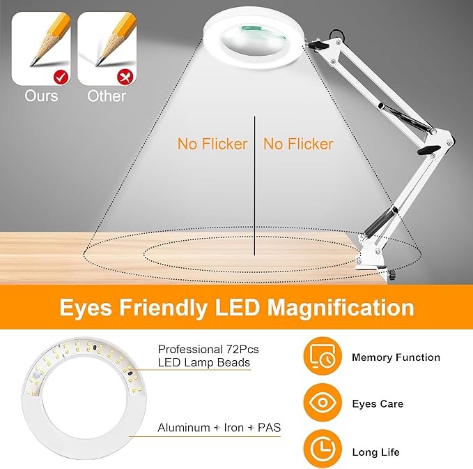 10X Magnifying Glass with Light and Clamp, Real Glass LED Lighted Magnifier, 3 Color Modes 10 Level Dimmable, Magnifying Lamp with Clamp for Reading Craft Hobby Close Work, White