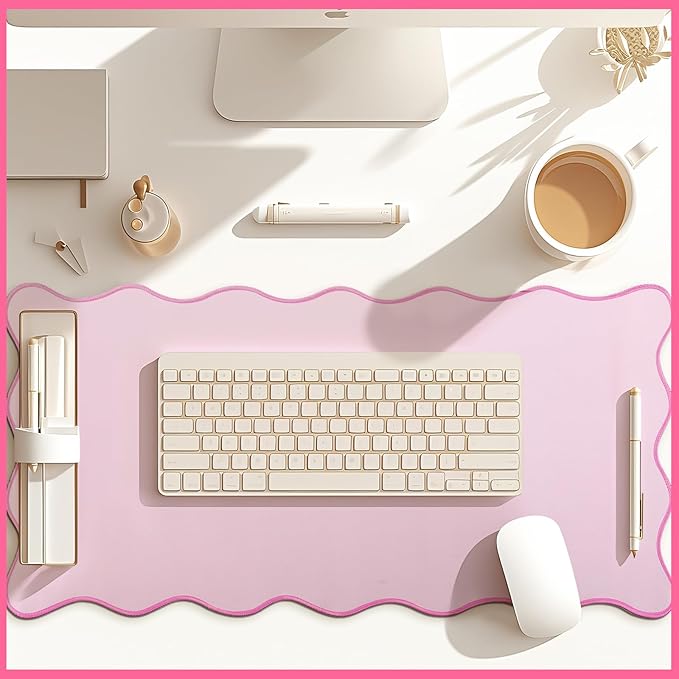 Scalloped Desk Mat Large Scalloped Piping Cute Desk Mat Aesthetic Preppy Table Pad Large Nonslip Pad with Edge Stitching Waterproof Gaming(Pink,31.5 x 15.75 Inches)