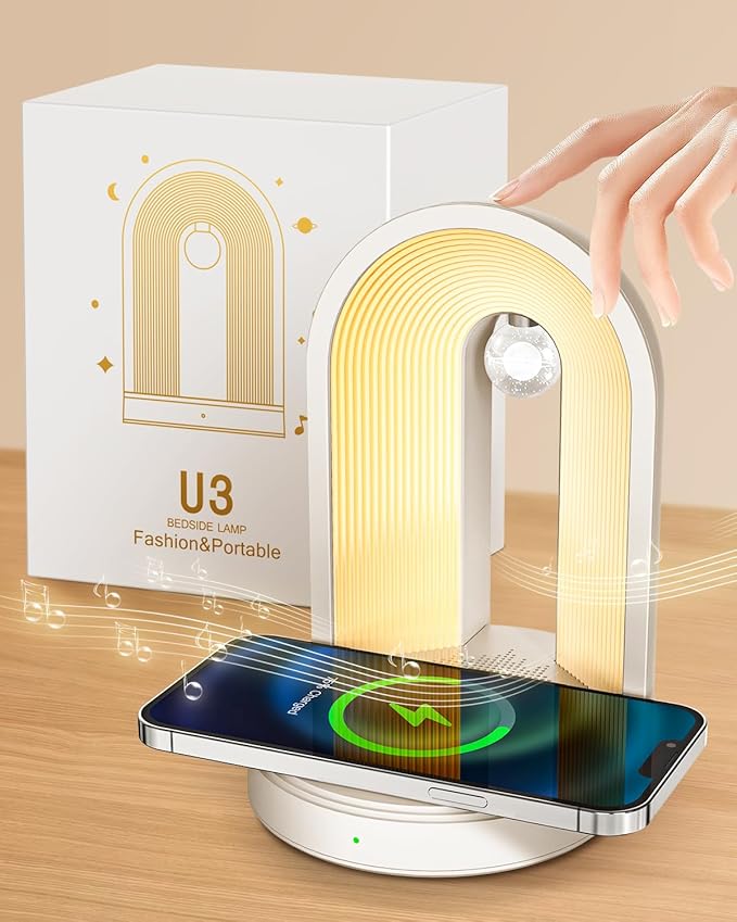 3-in-1 Night Light with Wireless Charger, Music Bedside Lamps with Bluetooth Speaker Phone Wireless Charger Touch Lamps for Nightstand Dimmable Table Lamp for Bedroom Desk Lamp Holiday Gifts