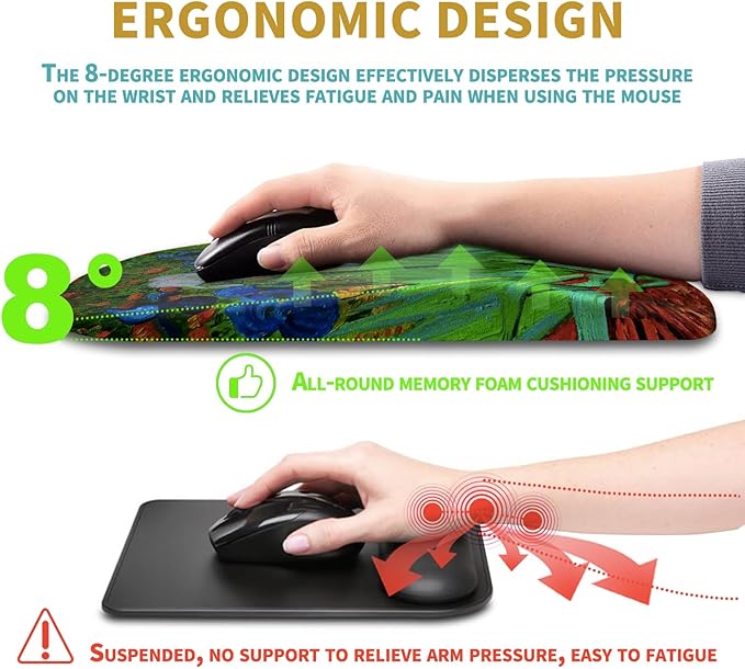Hokafenle Ergonomic Mouse Pad Wrist Support with Massage Design, Wrist Rest Mousepad with Memory Foam&Non-Slip PU Base, Mouse Pads for Wireless Mouse & Desk(12x8 inch,Vangogh Iris Flower)