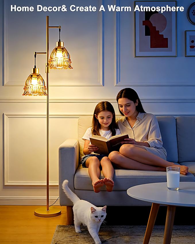 Gold Dimmable Floor Lamp for Living Room, 2-Light 65IN Tall Standing Lamps with Brown Glass Lampshade, 3000K Warmwhite Mid Century Modern Floor Lamp for Bedroom/Home Office/Corner