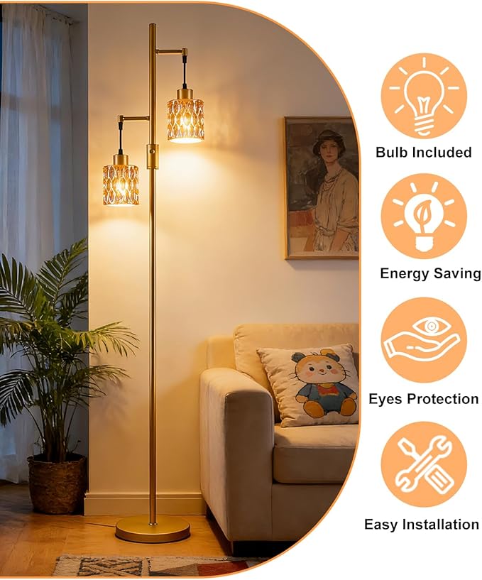 2-Light Gold Floor Lamp, 65IN Tall Standing Lamps Dimmable with Amber Glass Lampshade, 3000K Warmwhite Mid Century Modern Floor Lamp for Living Room/Bedroom