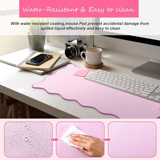 Scalloped Desk Mat Large Scalloped Piping Cute Desk Mat Aesthetic Preppy Table Pad Large Nonslip Pad with Edge Stitching Waterproof Gaming(Pink,23.62 x 13.78 Inches)