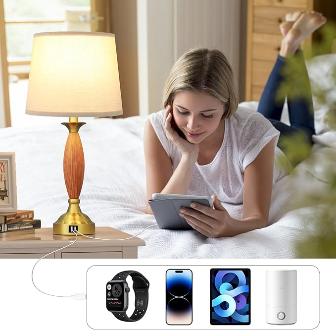 Seealle Touch Bedside Lamps for Nightstand - Bedroom Lamps Set of 2 with USB C+A, 3 Way Dimmable Table Lamps for Living Room (Wood Body and Gold Base)