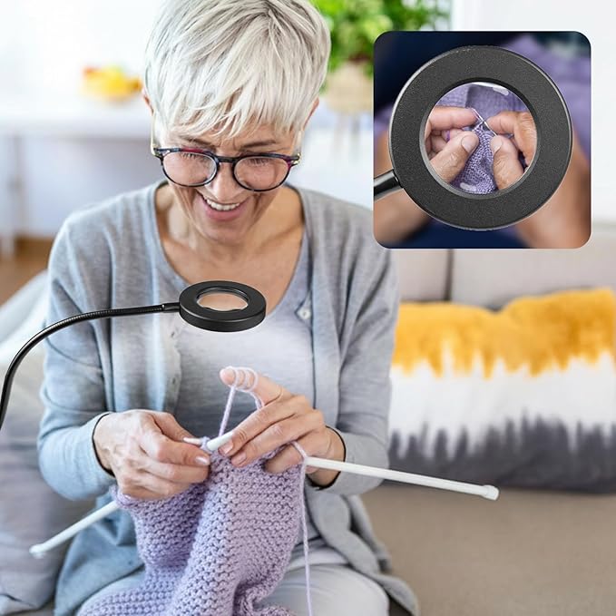Clip on Lamp, 5X Magnifying Glass with Light LED Desk Lamp with Clamp Bright Clip Light for Bed Bedside Table, Adjustable Reading Light for Bed, Desk Lights (Black with Magnifying)